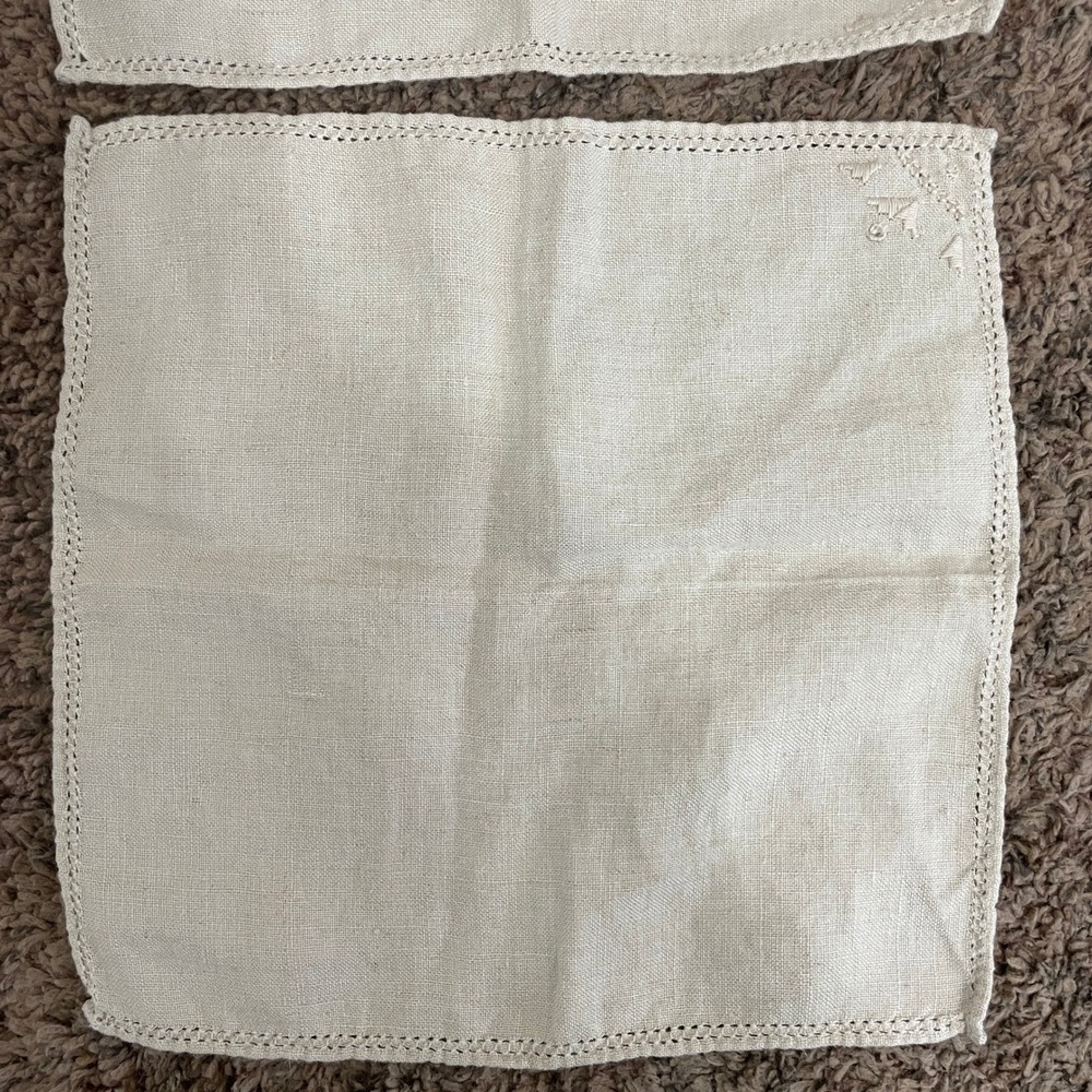 Vintage Cream Linen Cocktail Napkins Hemstitch Embroidered Set of 2 10.5"X10.5"